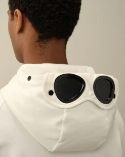 Best C.P. Company Diagonal Haevet Fleece Goggle Haettetroje Med Lynlas Gaze Hvid