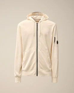 Online C.P. Company Diagonal Haevet Fleece-Haettetroje Med Lynlas Gaze Hvid