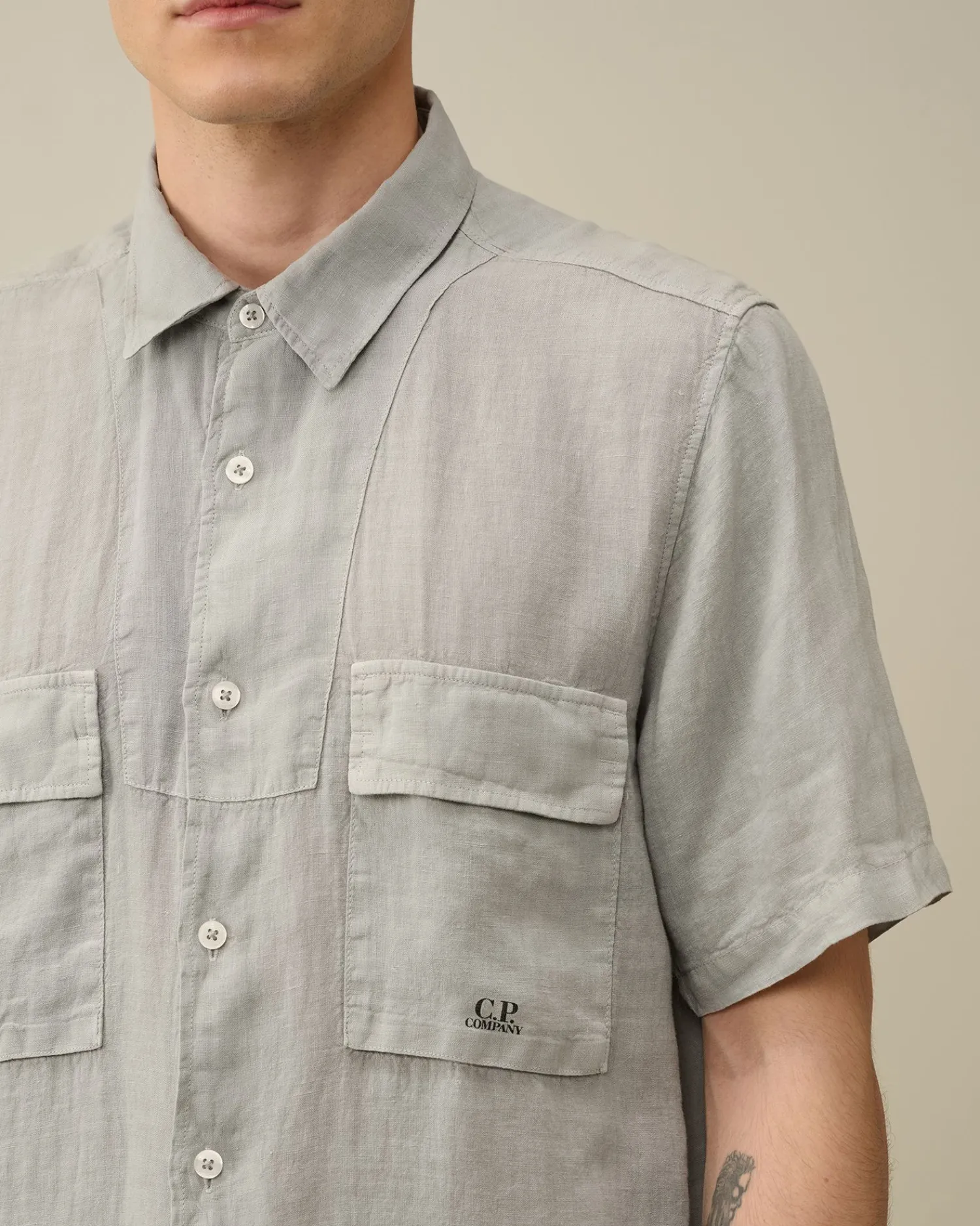 Best C.P. Company Rip-Stop Lommeskjorte I Bomuld Pistacie Shell-Beige